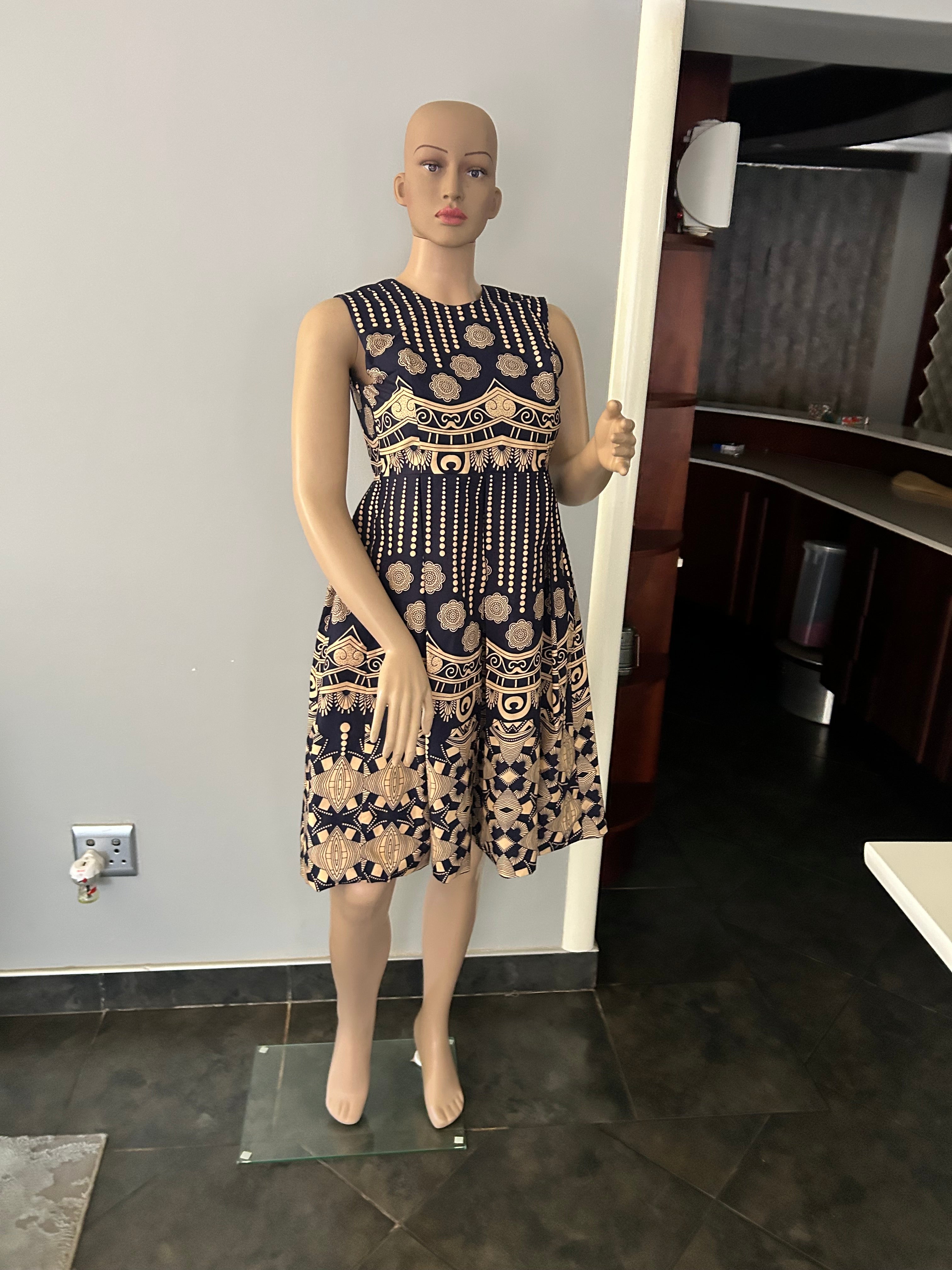 Sleeveless Blue & Khaki Dress