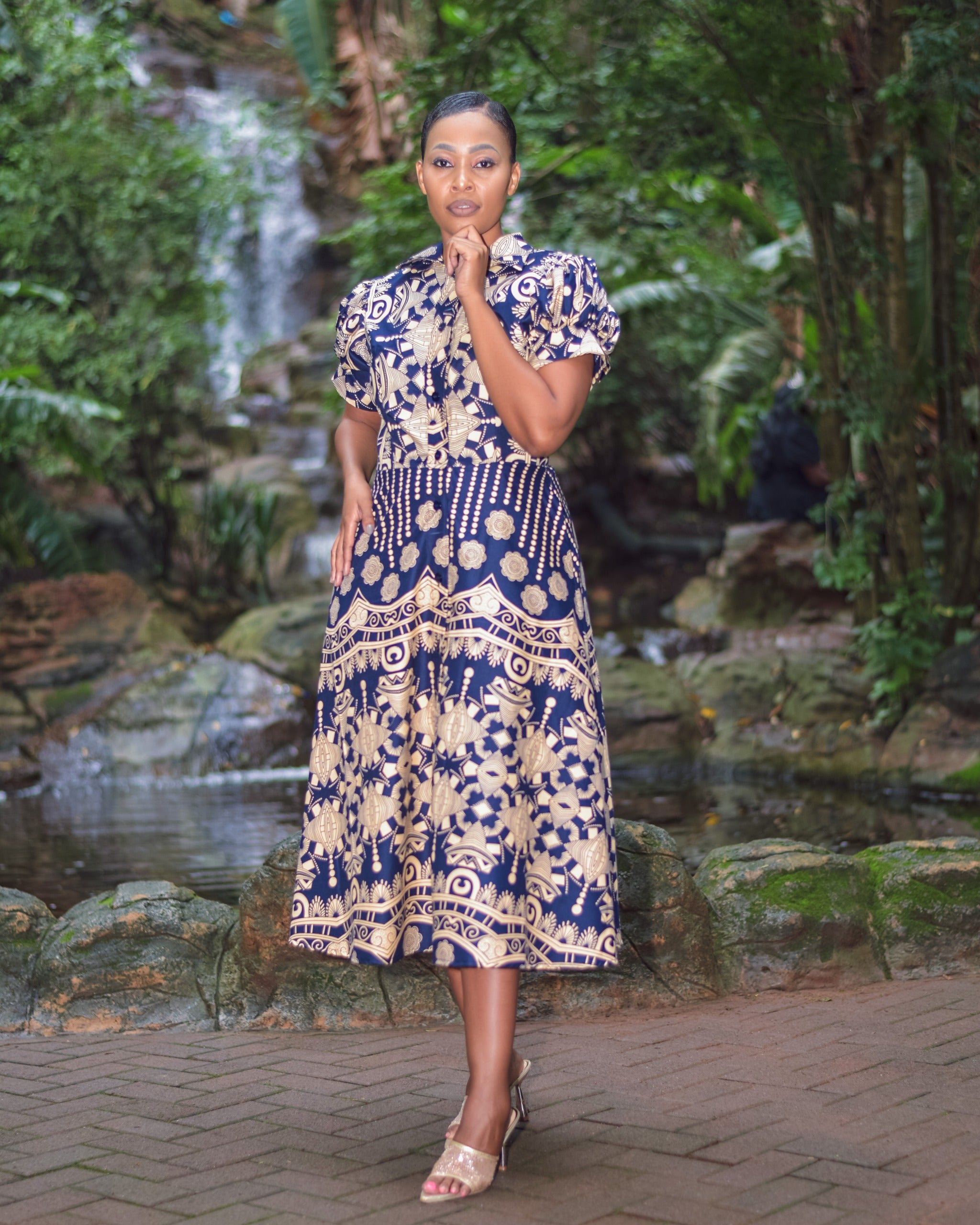 blue and khaki dress Mixed Media Khaki Blue Stripe Pleated Mini Dress