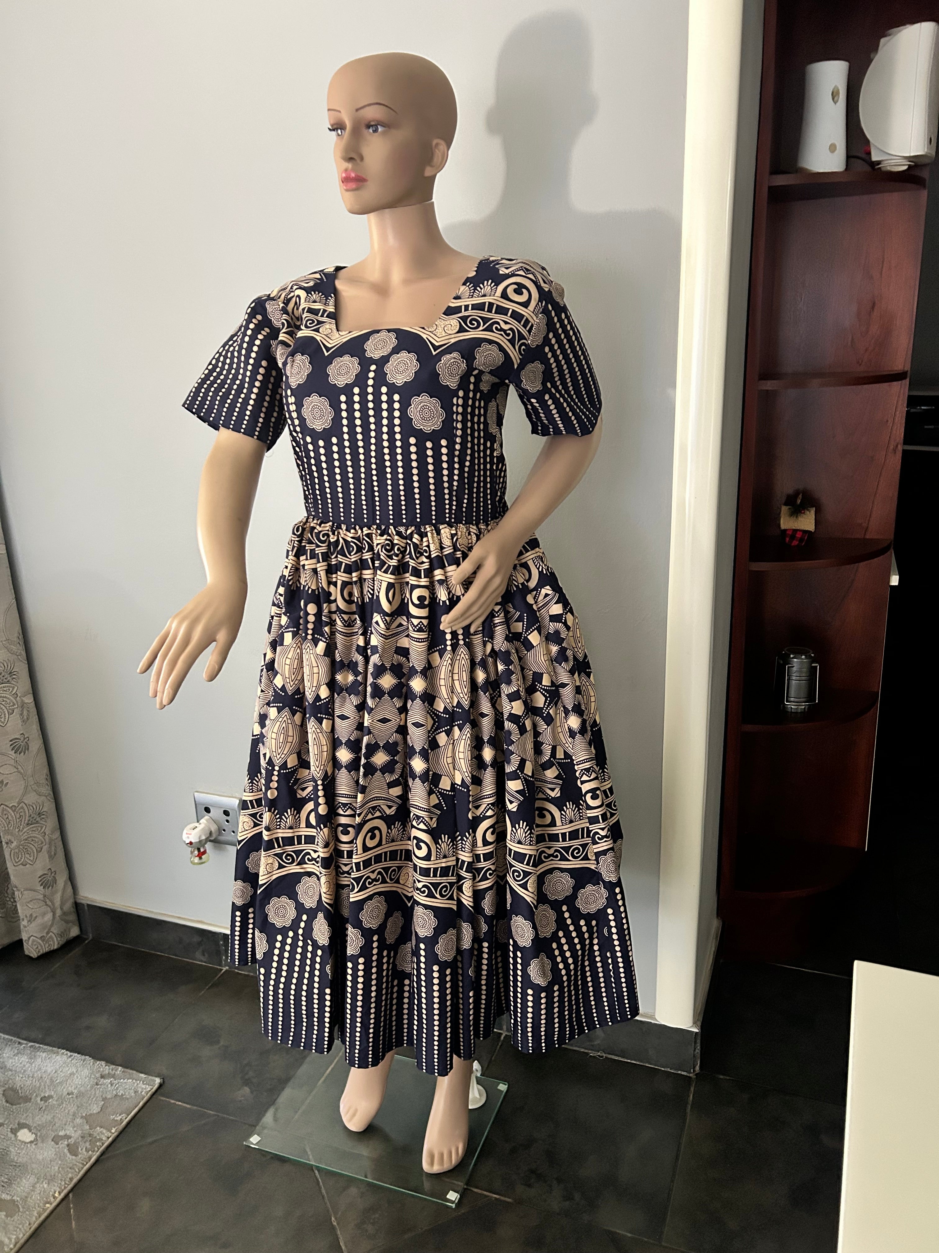 U shape Blue & Khaki Dress