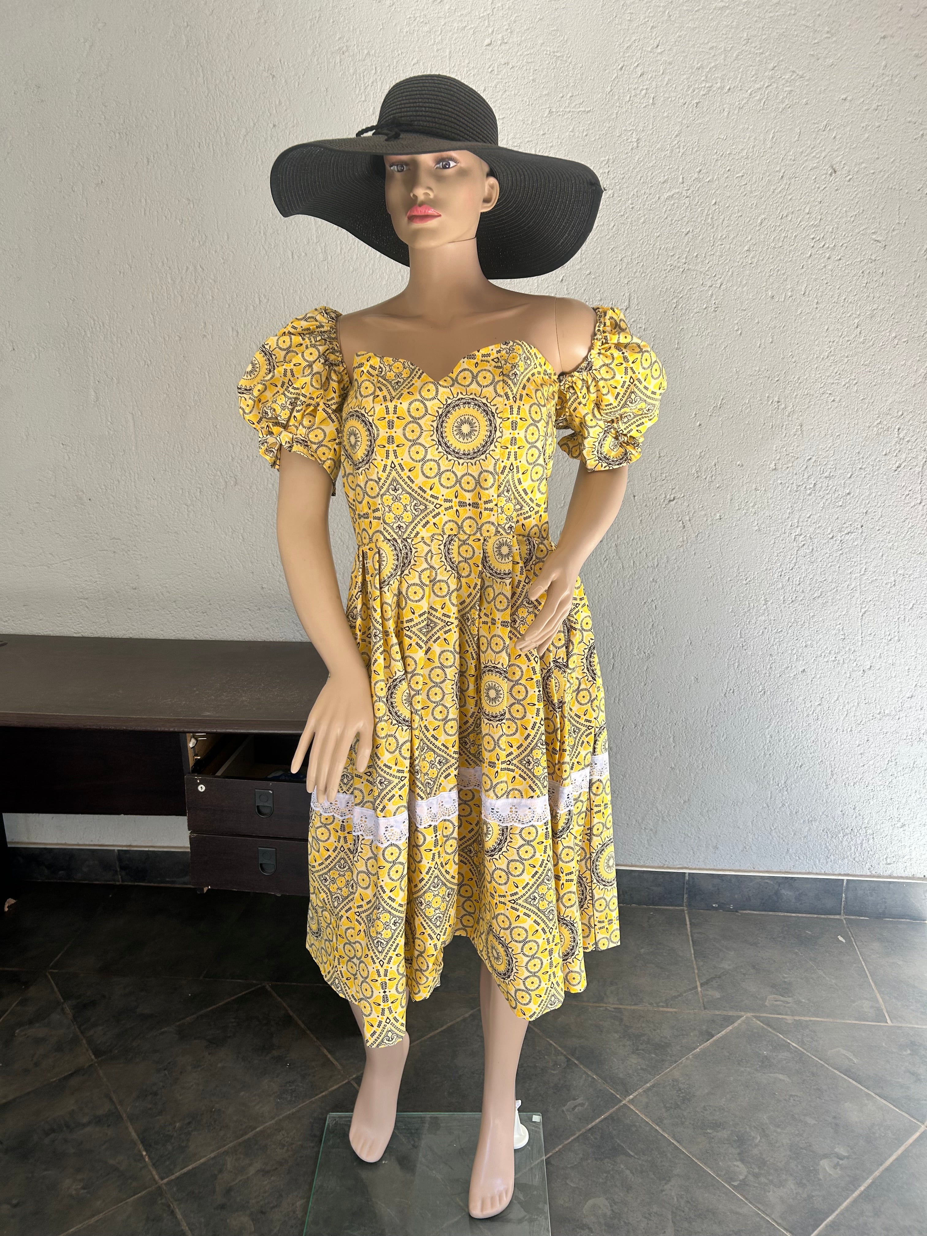 Puff Sleeves Yellow & Black Dress