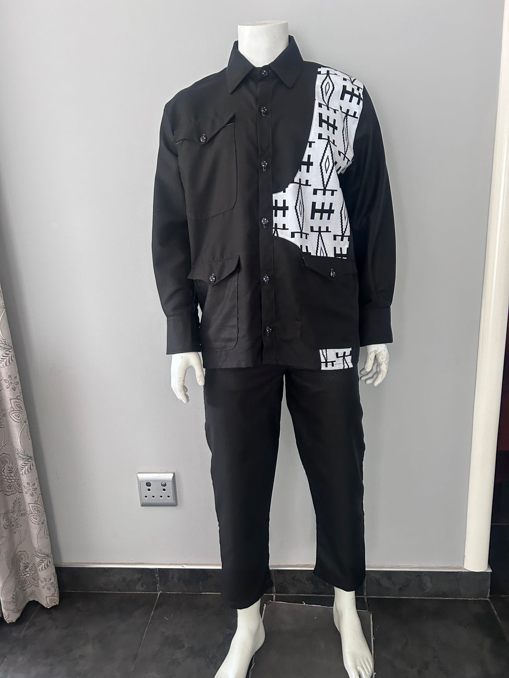 Men Black & White Safari Suit