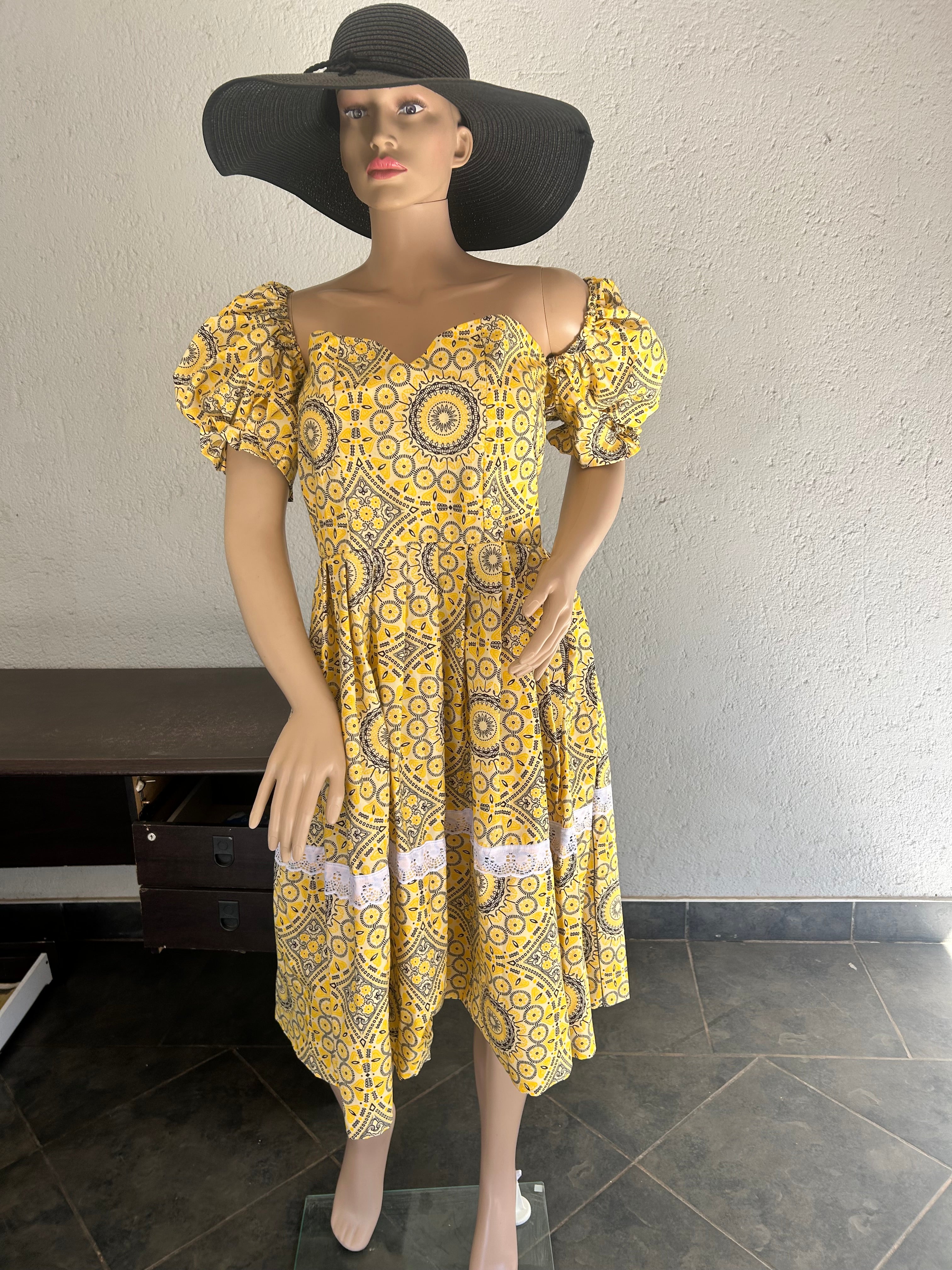 Puff Sleeves Yellow & Black Dress