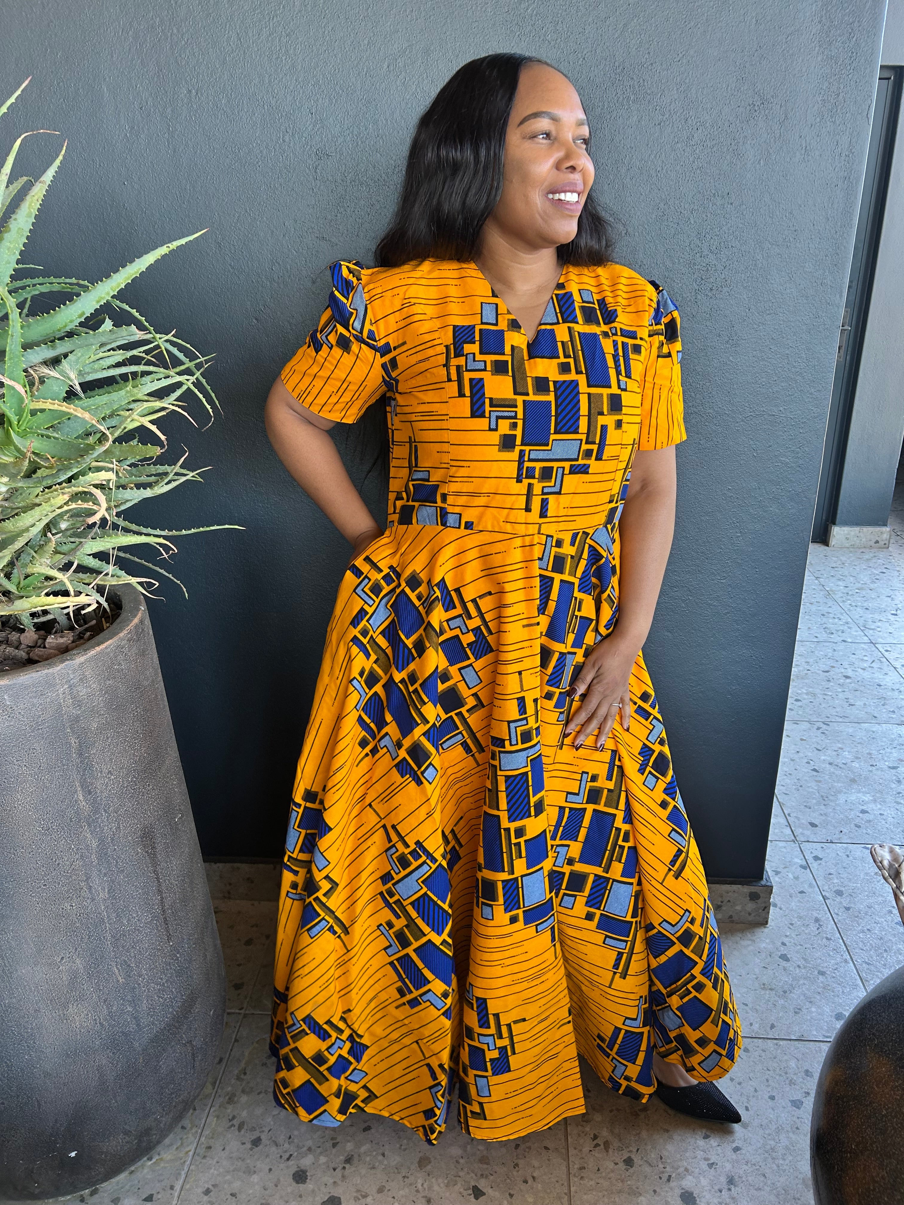 V shape Yellow & Blue Dress