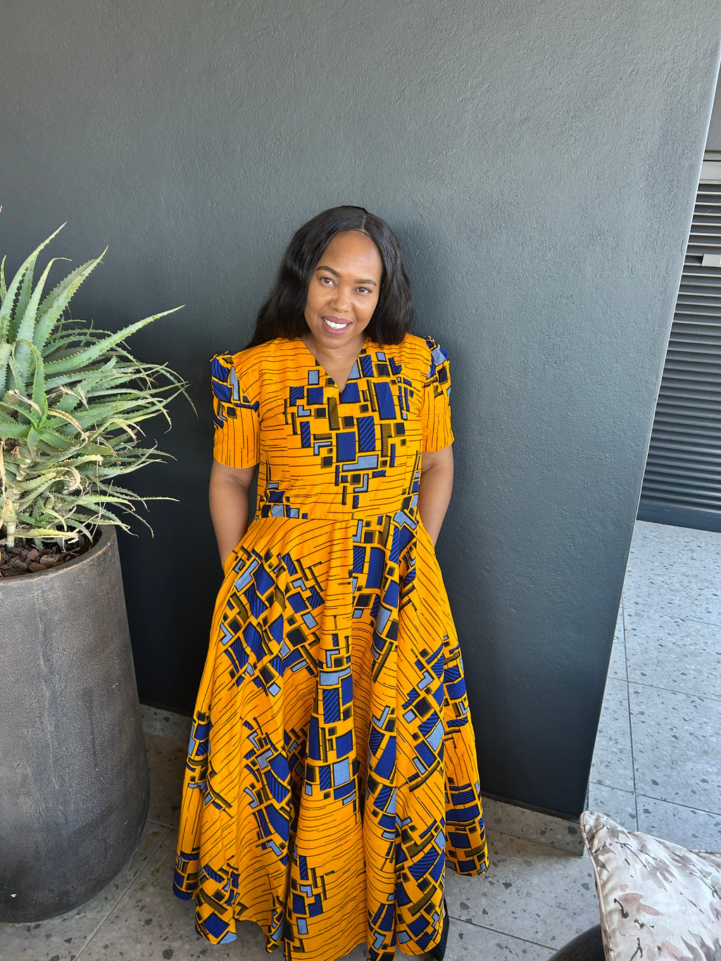 V shape Yellow & Blue Dress
