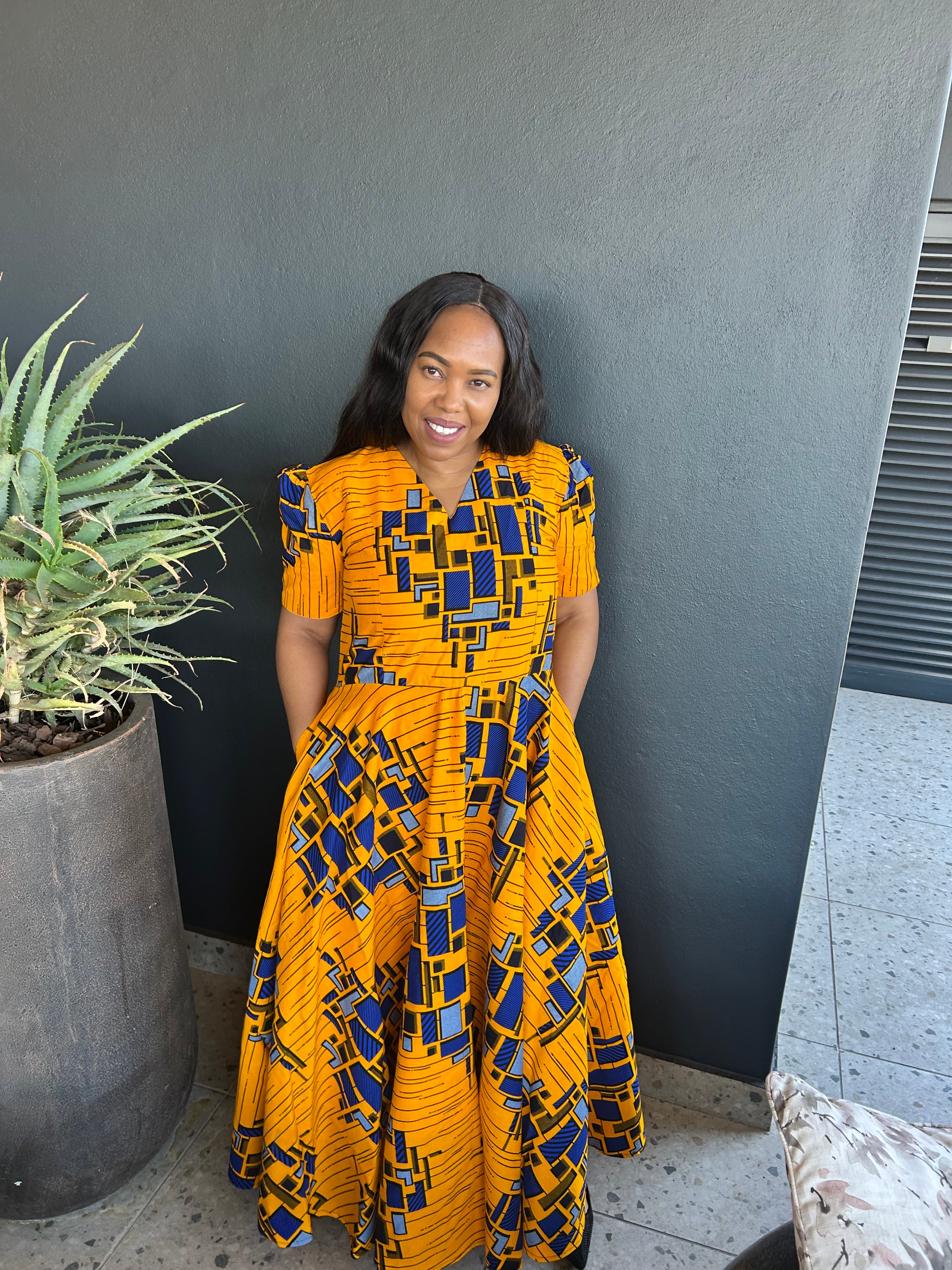 V shape Yellow & Blue Dress