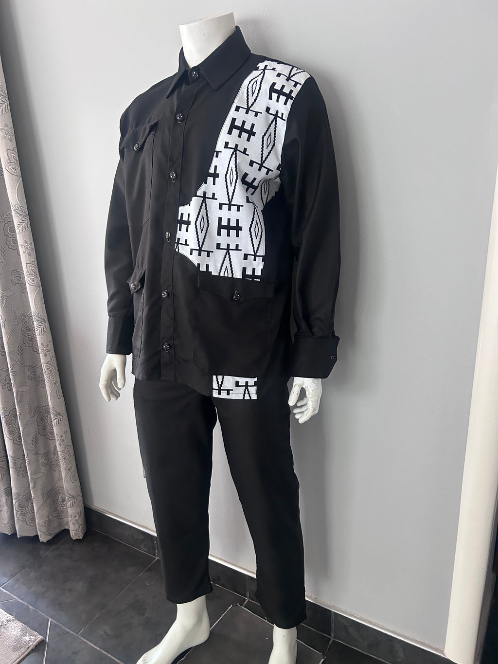 Men Black & White Safari Suit