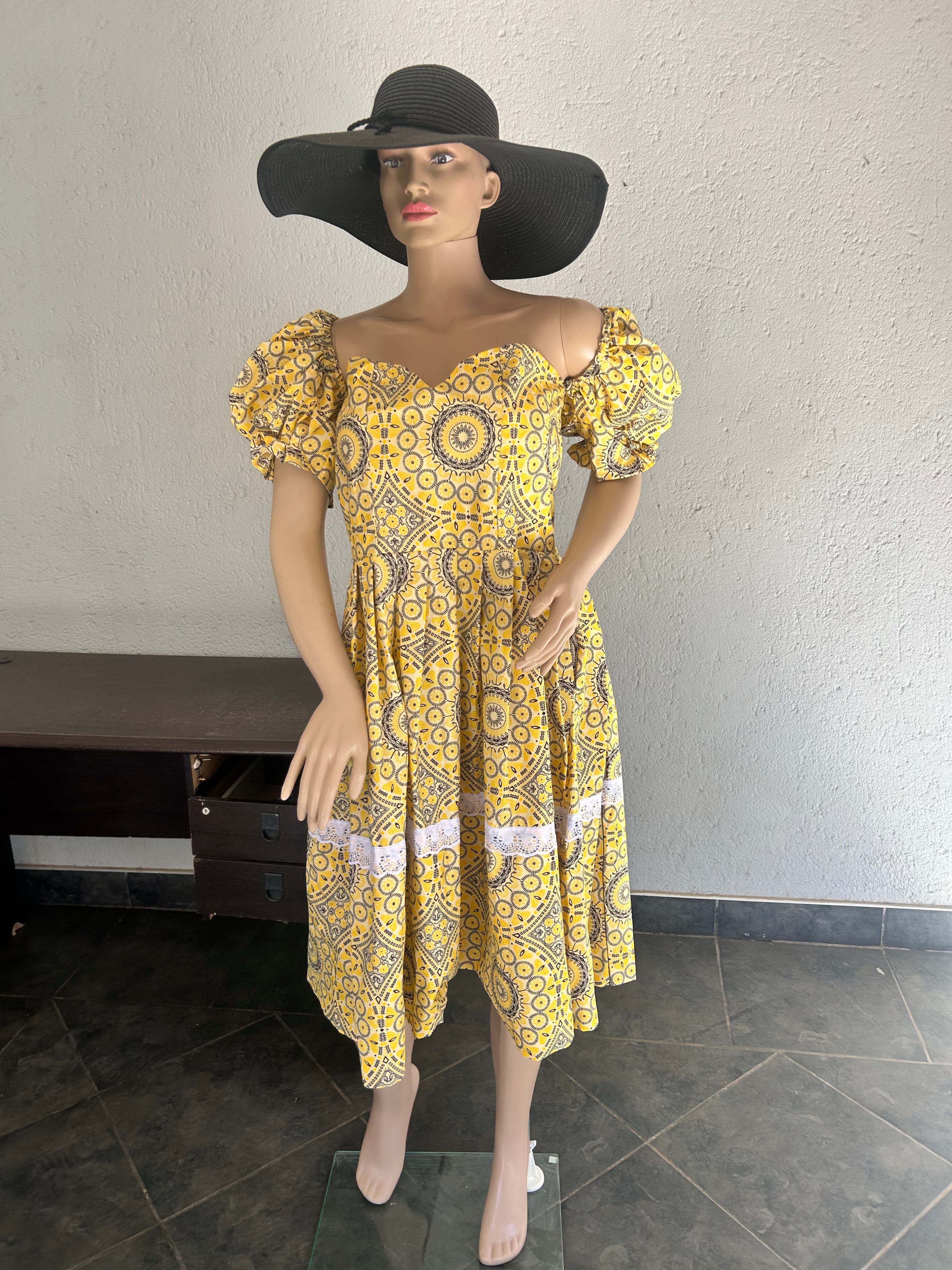 Puff Sleeves Yellow & Black Dress