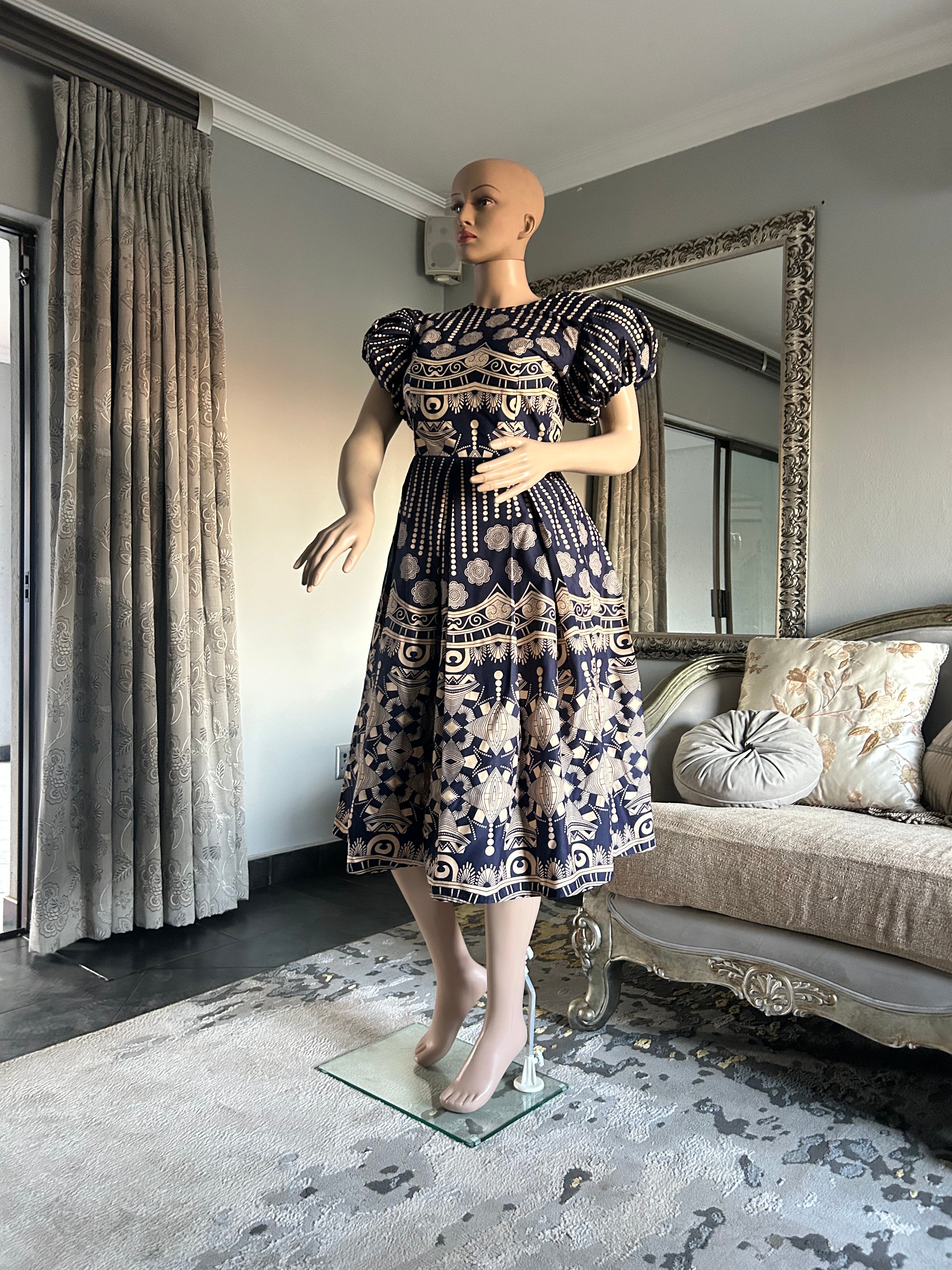 Puff Sleeves Blue & Khaki Dress