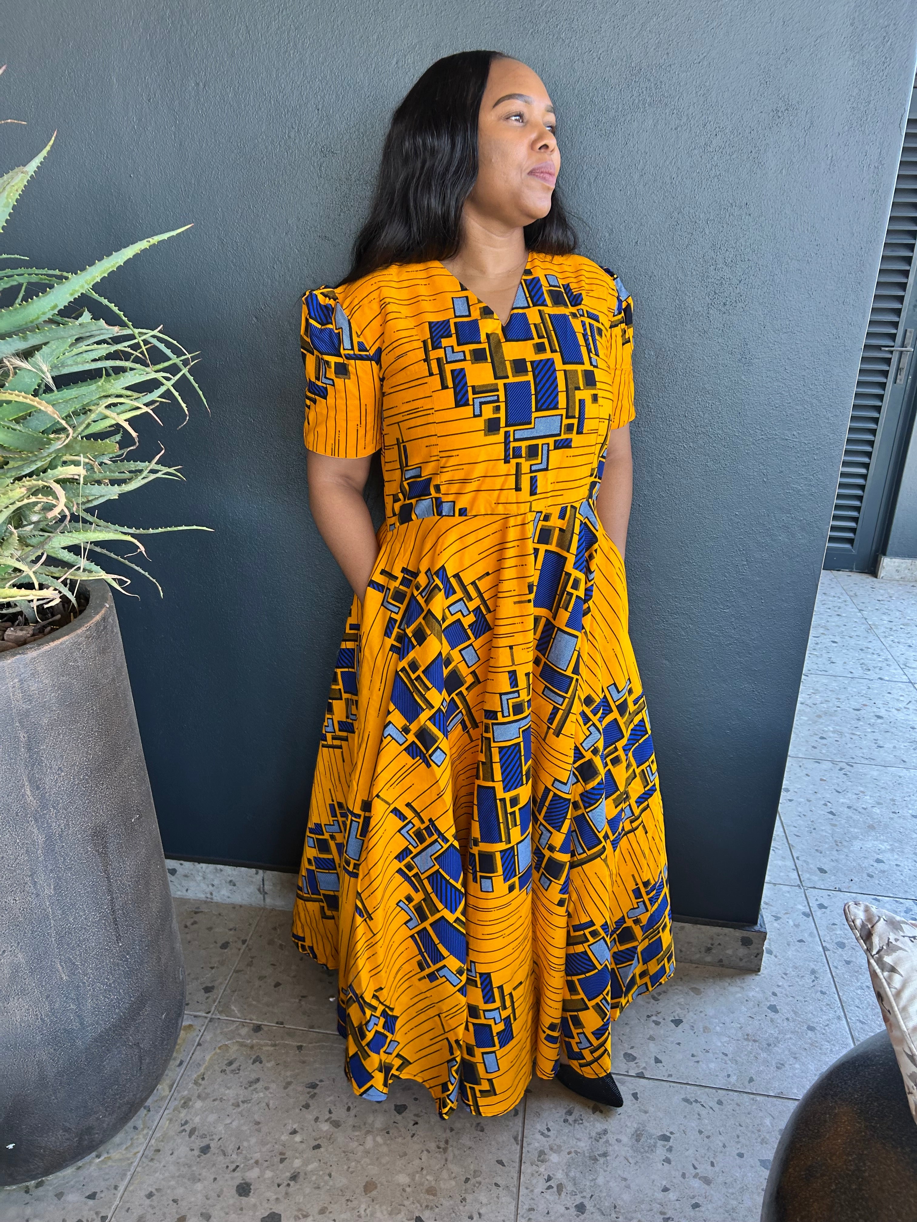 V shape Yellow & Blue Dress