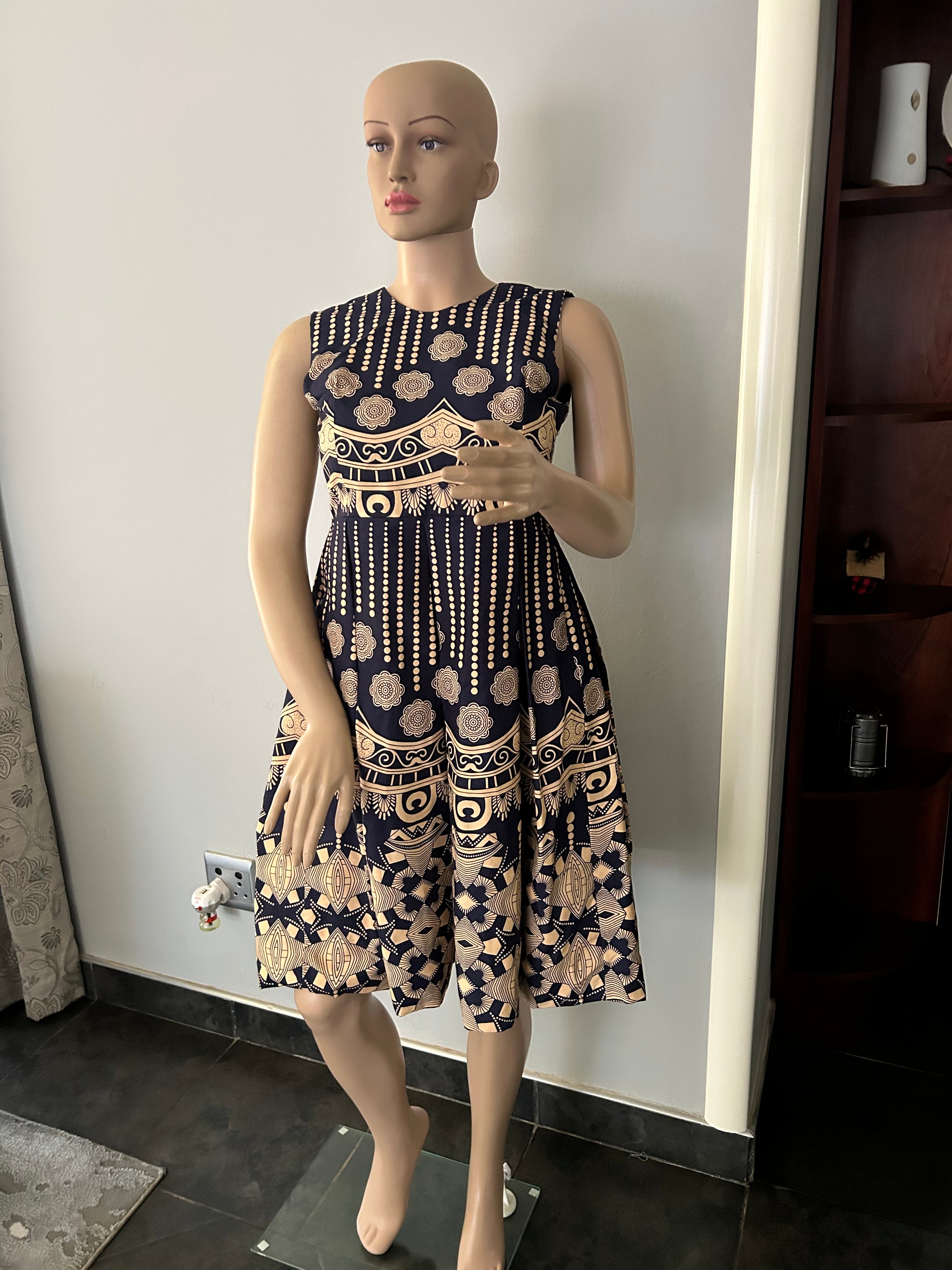 Sleeveless Blue & Khaki Dress
