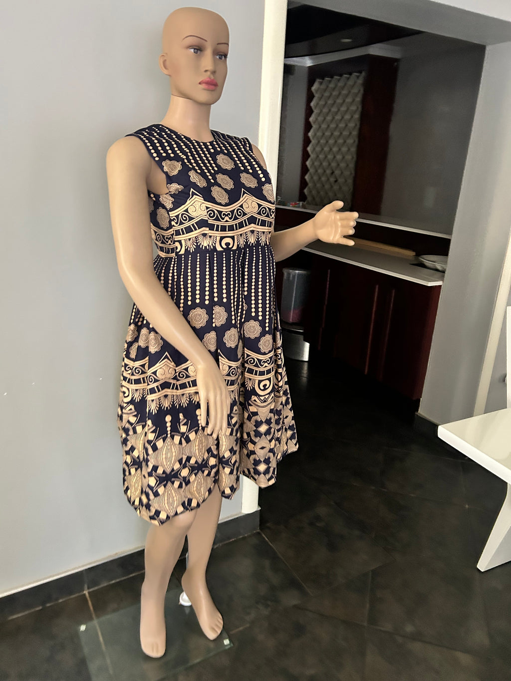 Sleeveless Blue & Khaki Dress