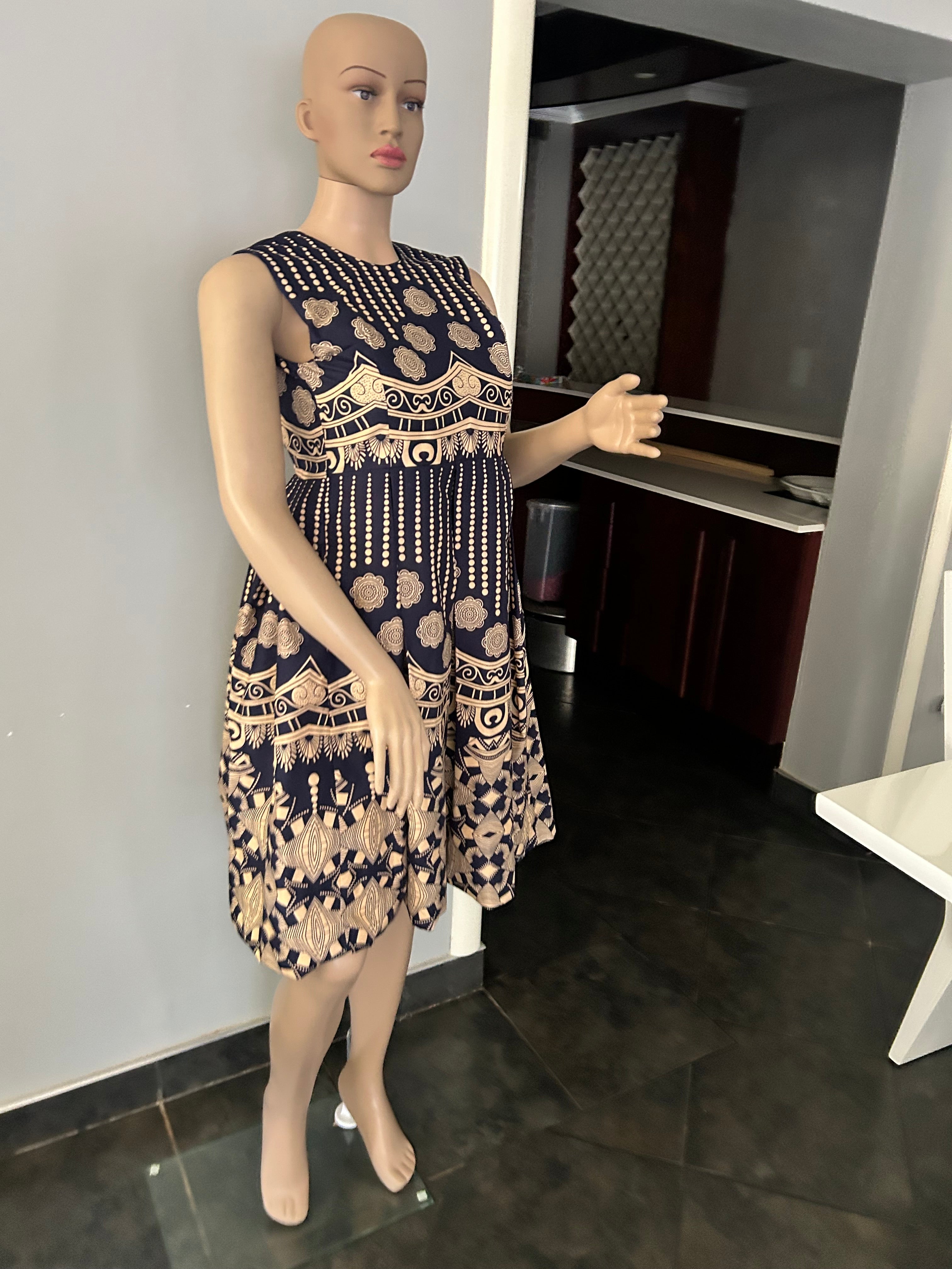 Sleeveless Blue & Khaki Dress