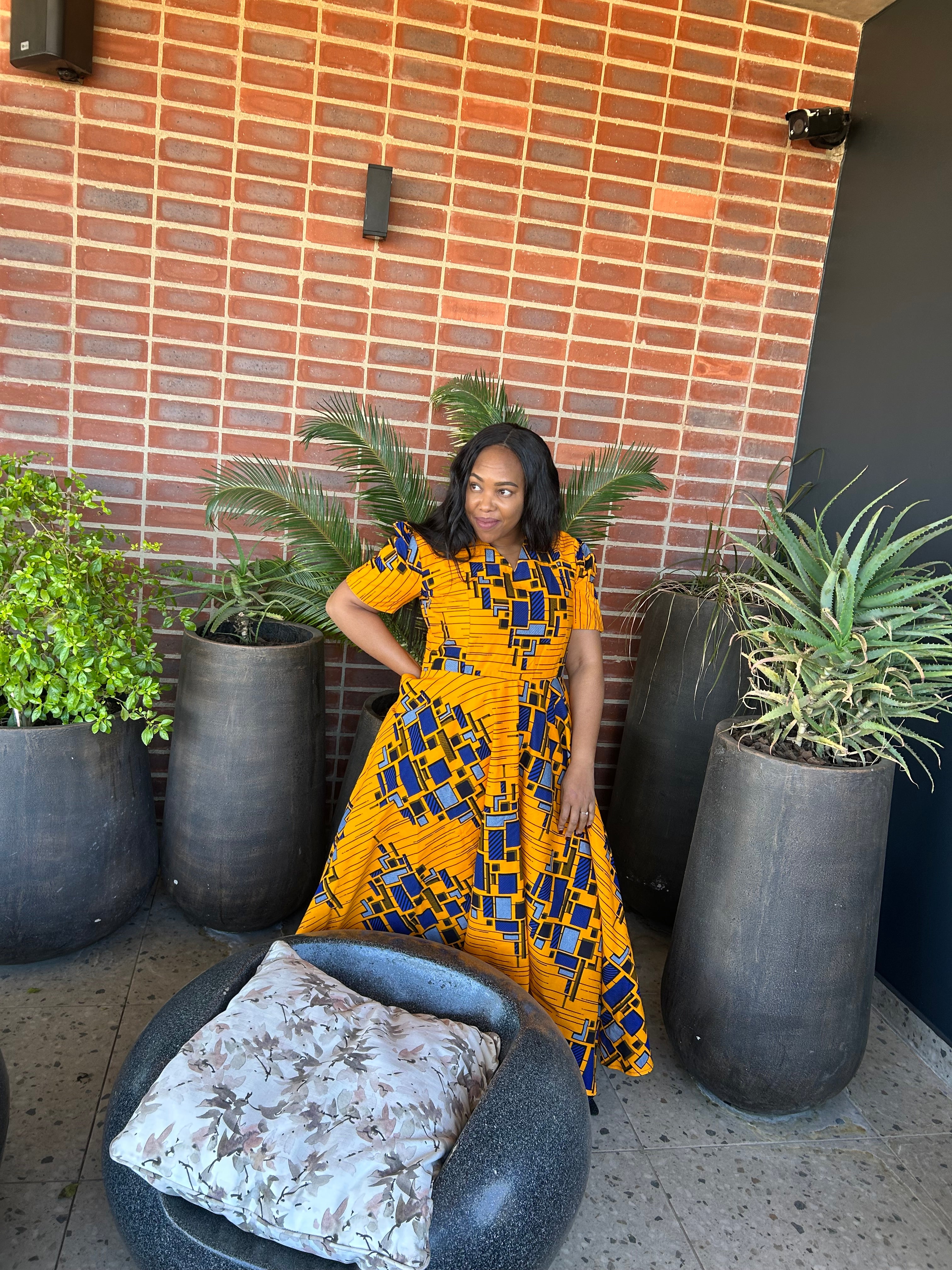 V shape Yellow & Blue Dress
