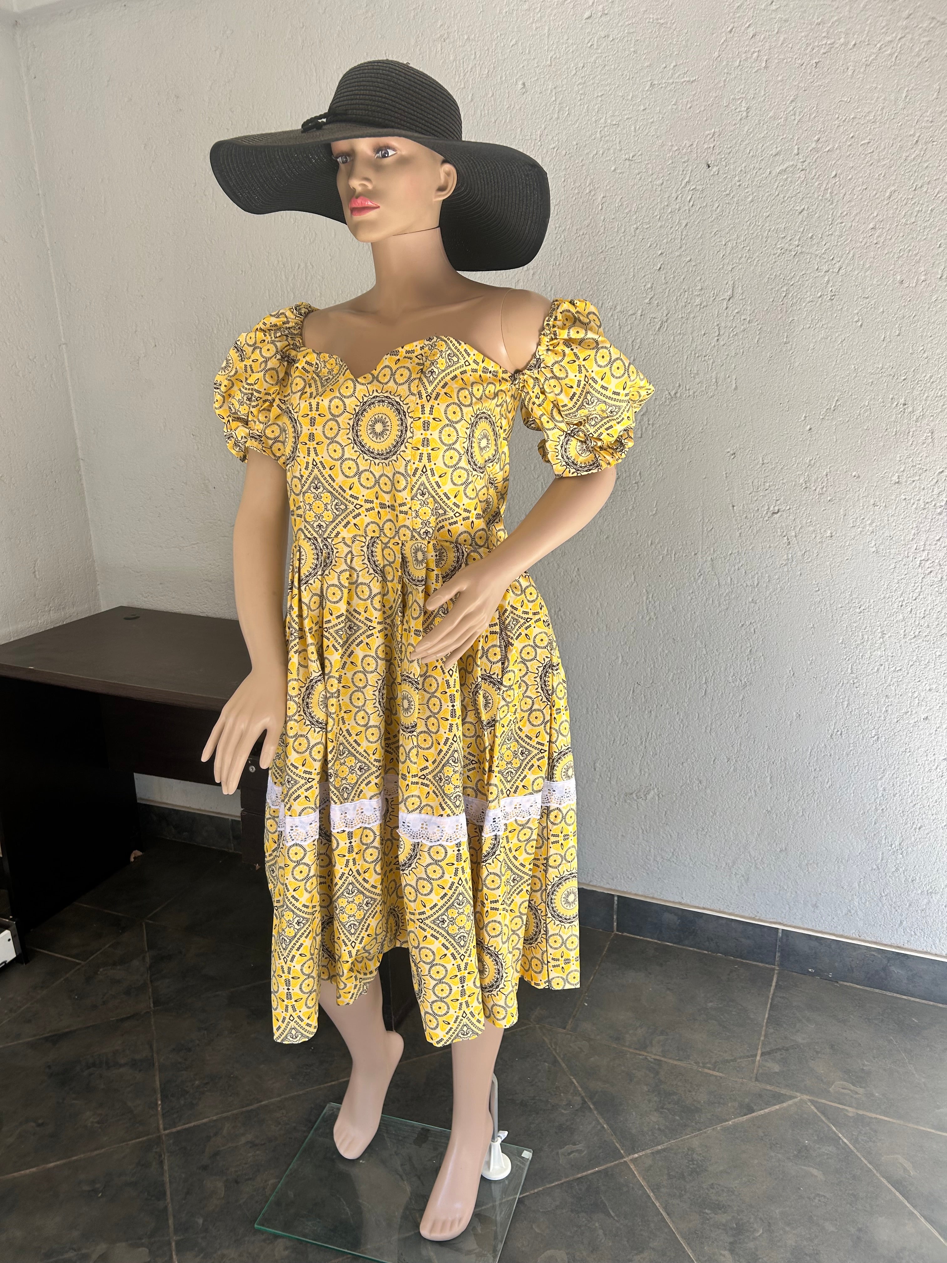 Puff Sleeves Yellow & Black Dress