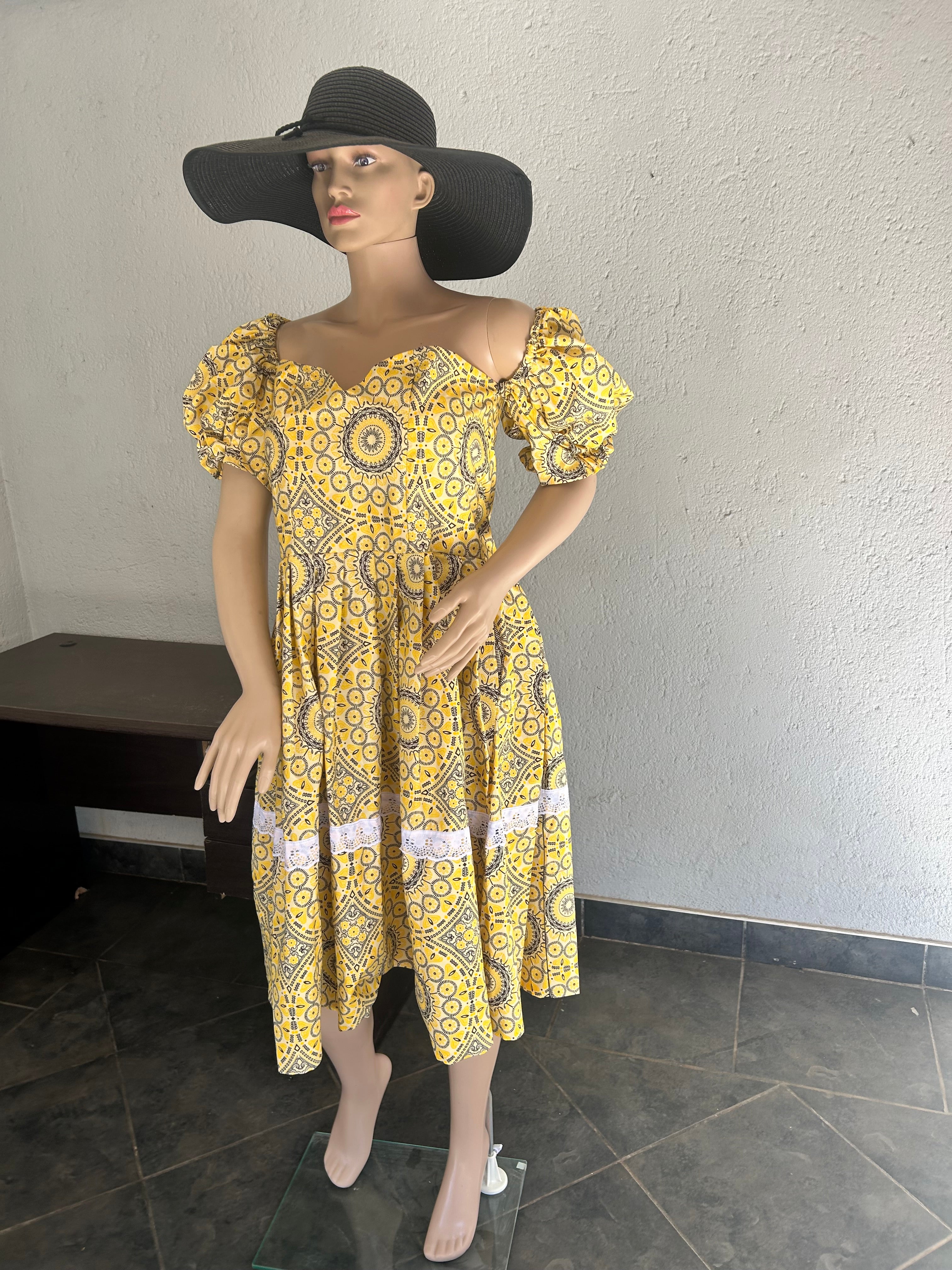 Puff Sleeves Yellow & Black Dress