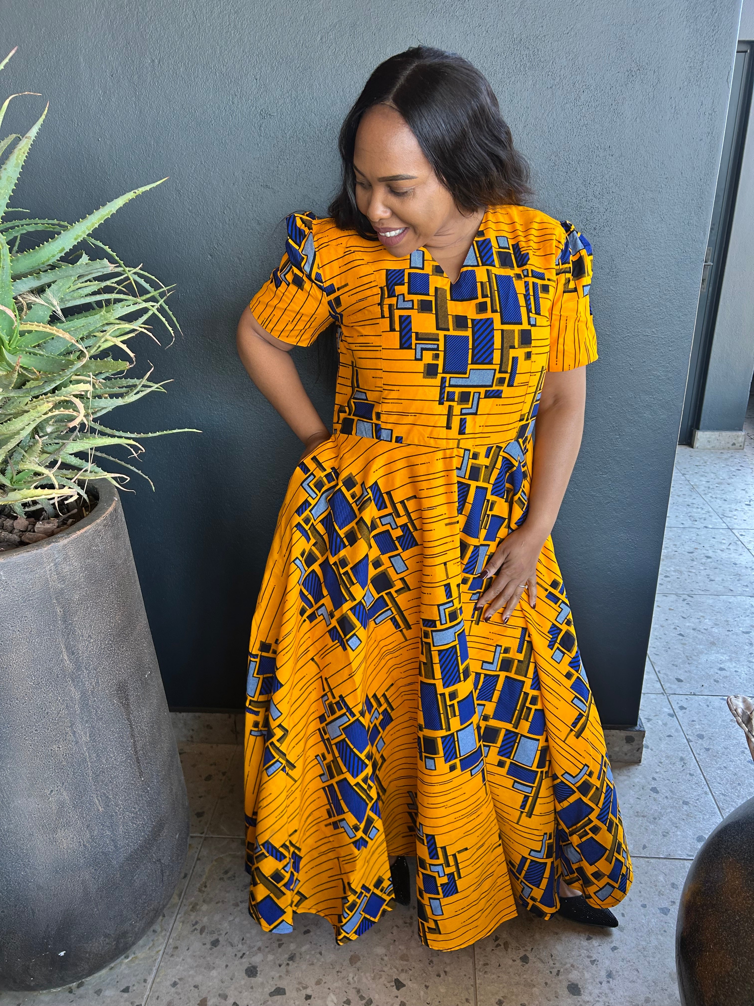 V shape Yellow & Blue Dress