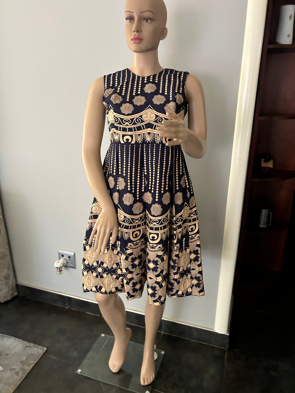 Sleeveless Blue & Khaki Dress