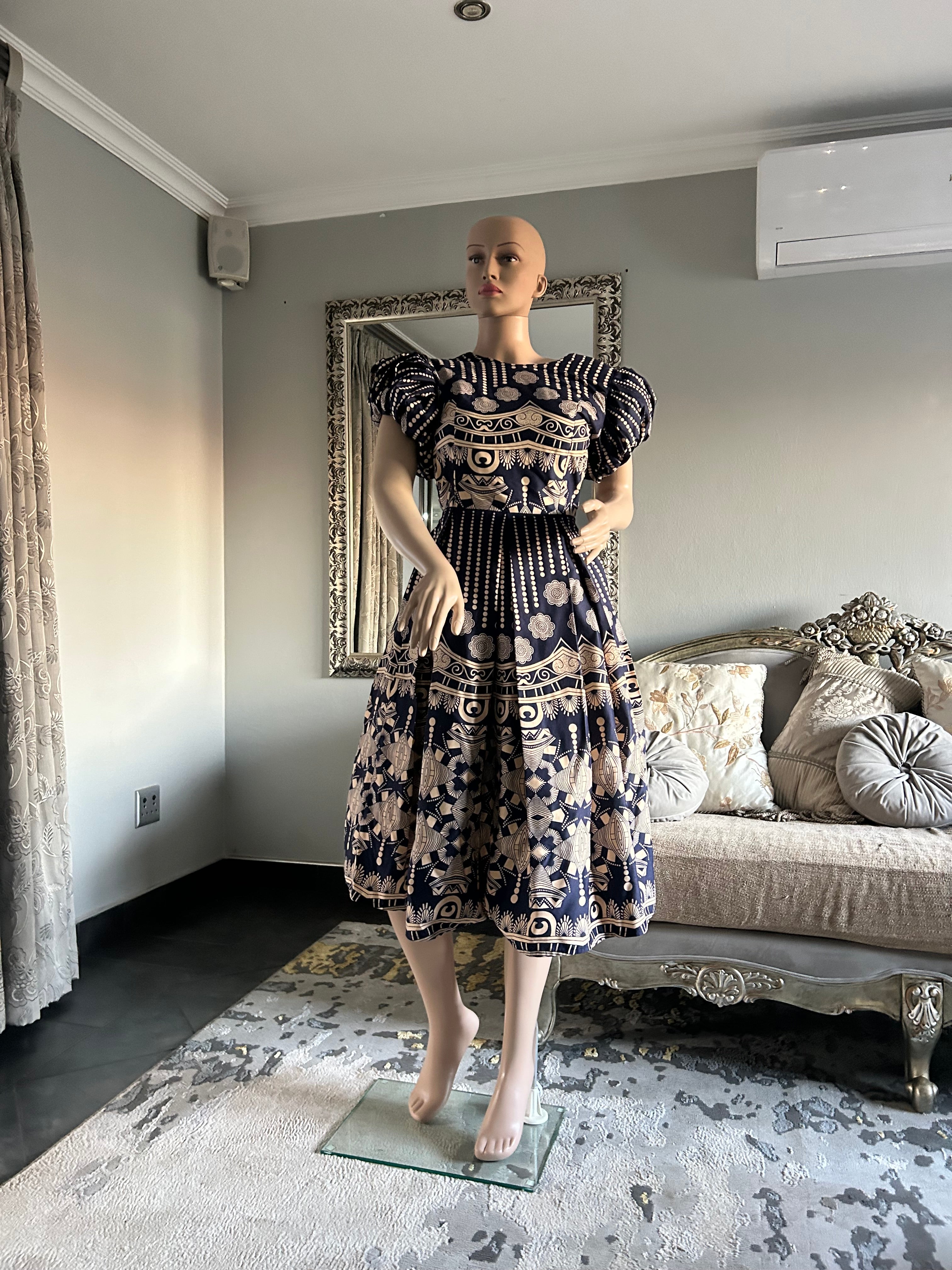 Puff Sleeves Blue & Khaki Dress