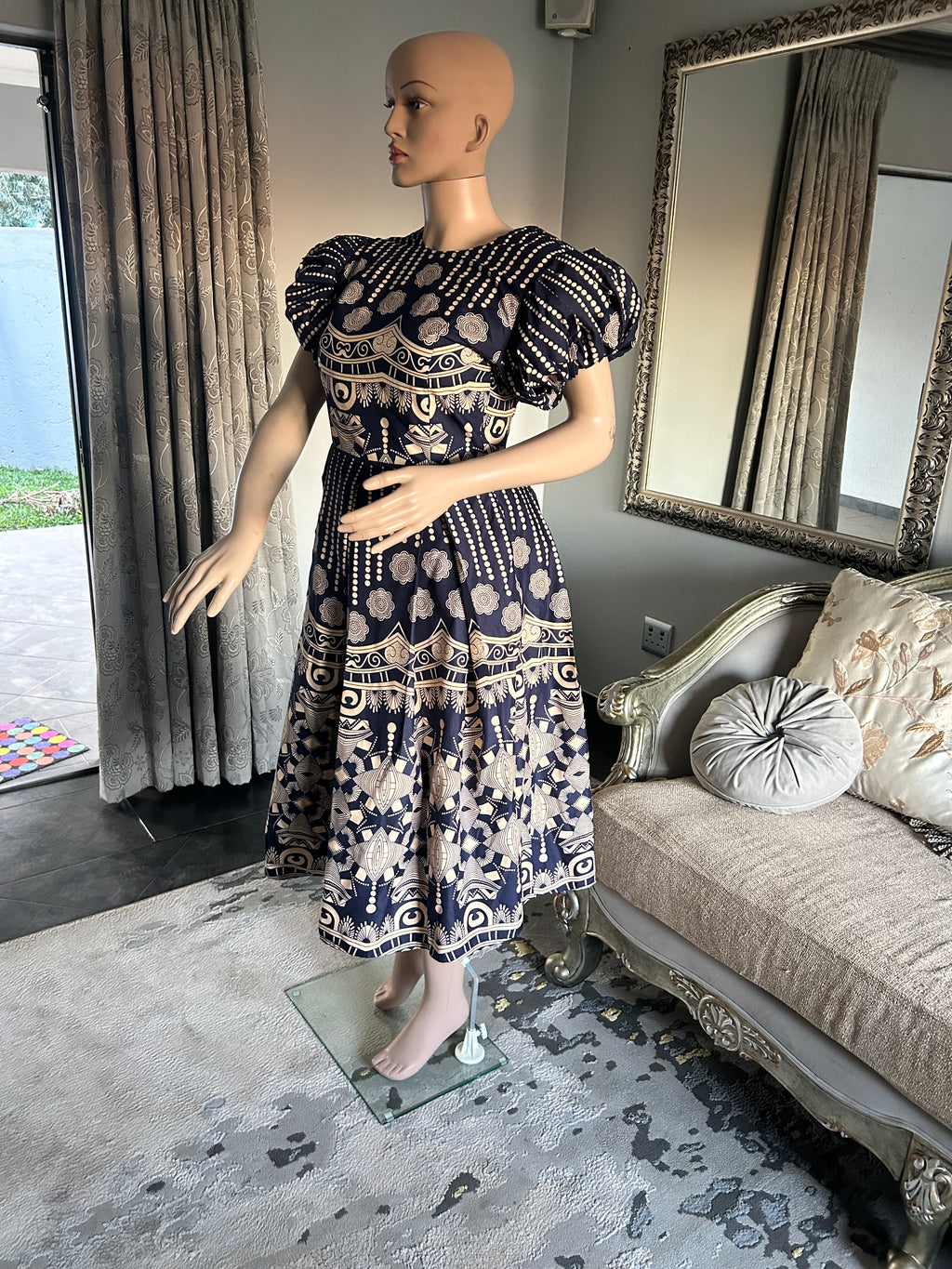 Puff Sleeves Blue & Khaki Dress