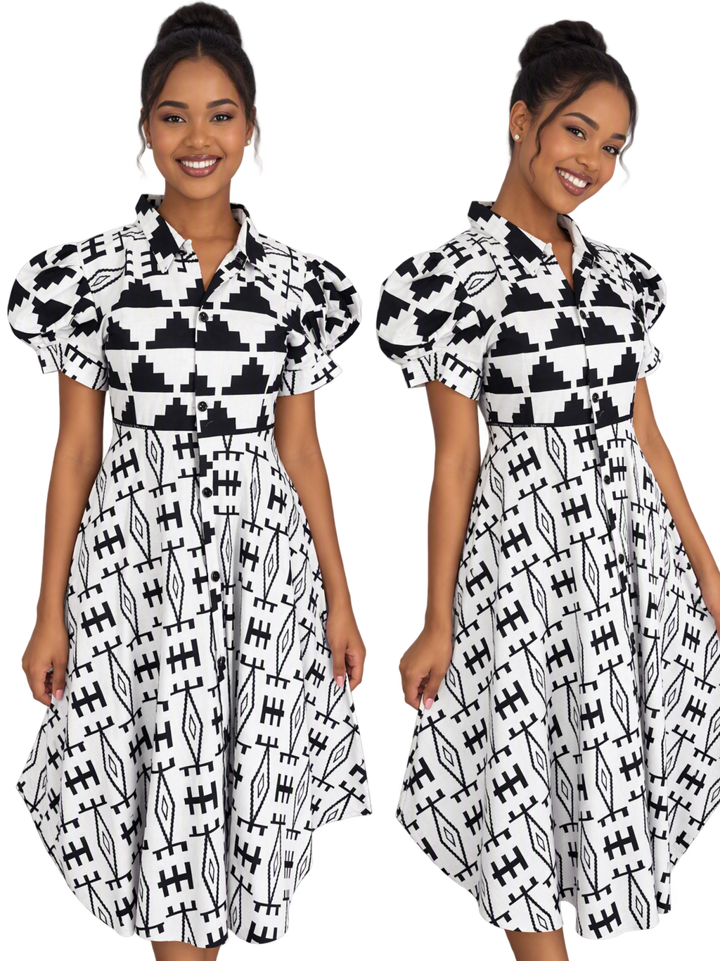 Front and angled views of a model wearing the black-and-white geometric print dress.