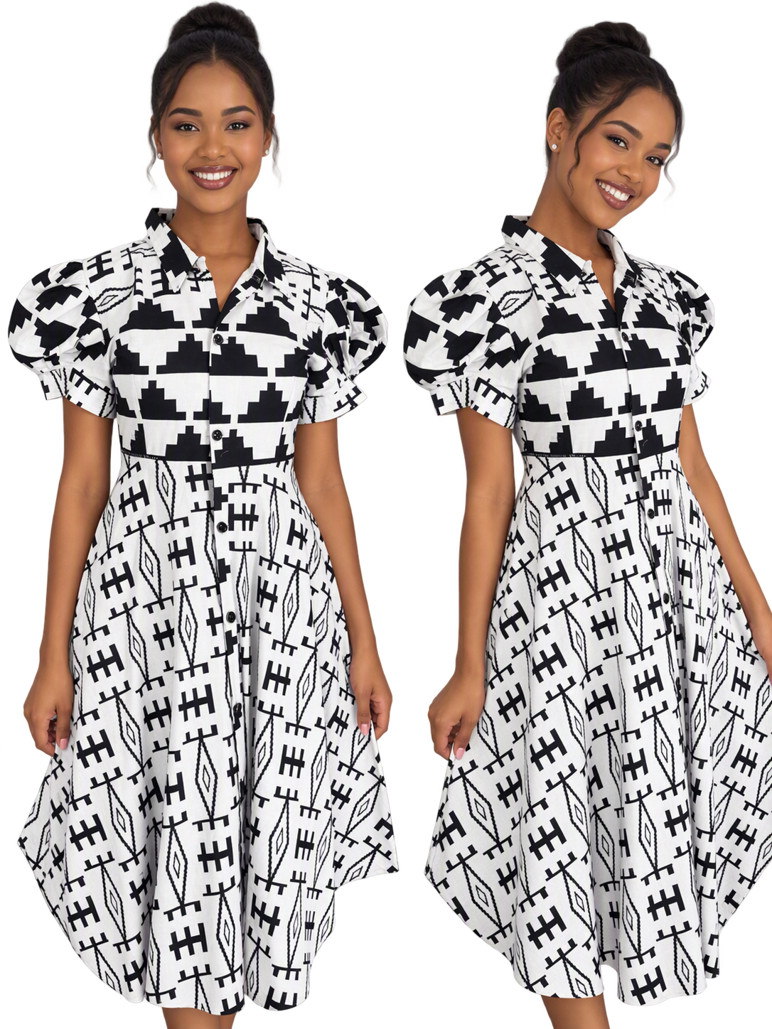 Front and angled views of a model wearing the black-and-white geometric print dress.