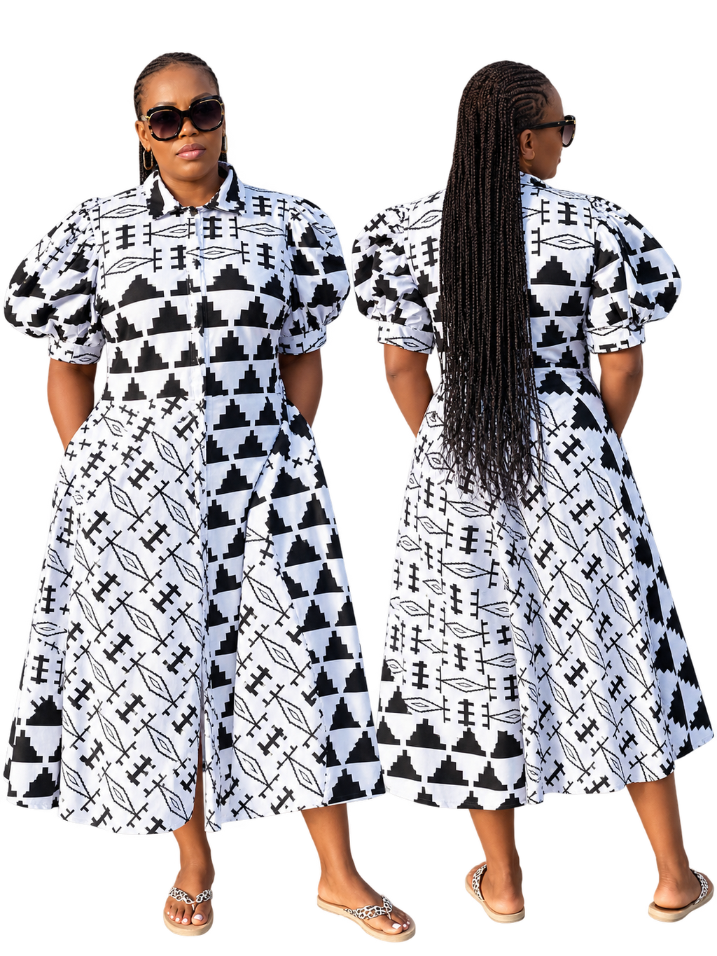 Front and back views of a model wearing the black-and-white geometric print dress.