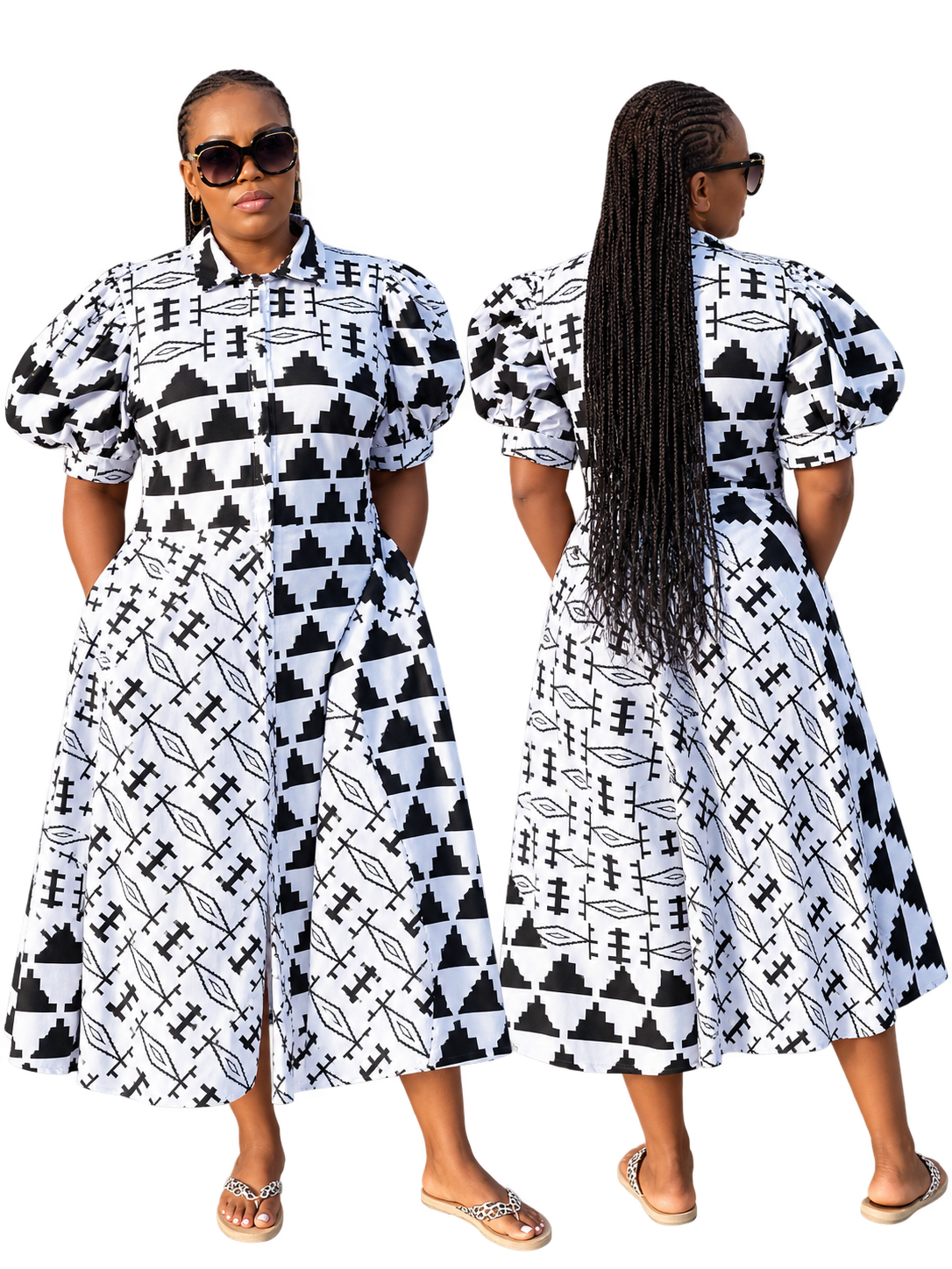 Front and back views of a model wearing the black-and-white geometric print dress.